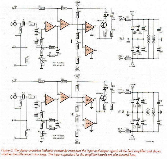 Figure 3. The stereo overdrive indicator constantly compares the input and output signals of the final amplifier and shows whether the difference is too large. The input capacitors for the amplifier boards are also located here.