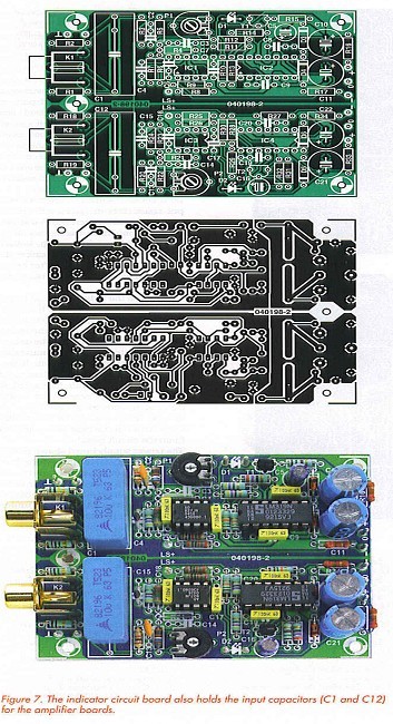 Figure 7. The indicator circuit board also holds the input capacitors (C1 and C12) for the amplifier boards.