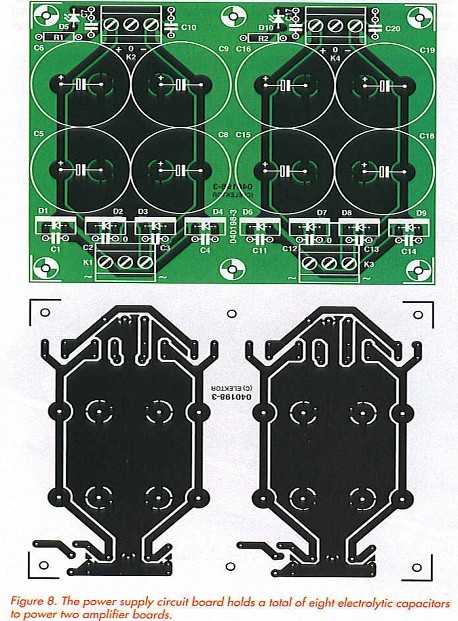 Figure 8. The power supply circuit board holds a total of eight electrolytic capacitors to power two amplifier boards.