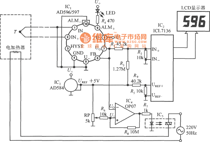 Temperature measurement instrument circuit with thermocouple cold end temperature compensator AD596/597