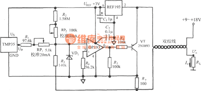 4 ~ 20mA temperature transmitter circuit using voltage output integrated temperature sensor