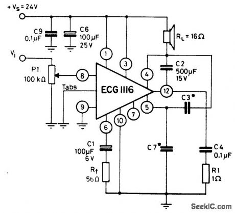 5_watt_AF_power_amplifier_with_16_ohm_load_connected_to_supply