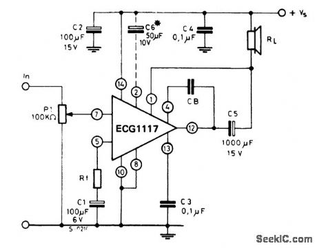 2_watt_AF_power_amplifier_with_8_ohm_load_connected_to_supply