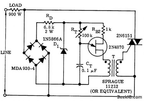 Triac_full_wave_control_circuit_with_UJT_trigger_designed_for_a_900_watt_load