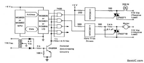 M6800_microprocessor_to_115_volt_AC_load_interface_using_optically_coupled_MOC3011_triac_drivers