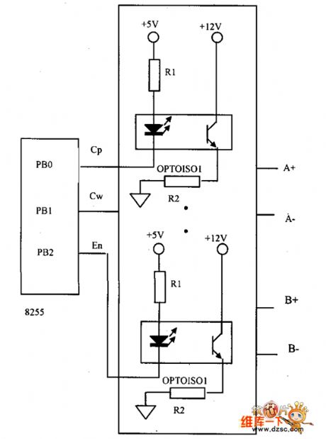 Single-Chip Microcomputer Interface and stepper motor drive circuit diagram