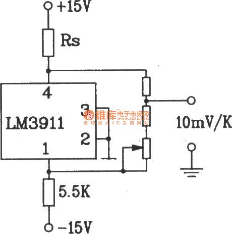 Temperature overheat detection alarm circuit composed of LM3911 monolithic temperature control integrated circuit