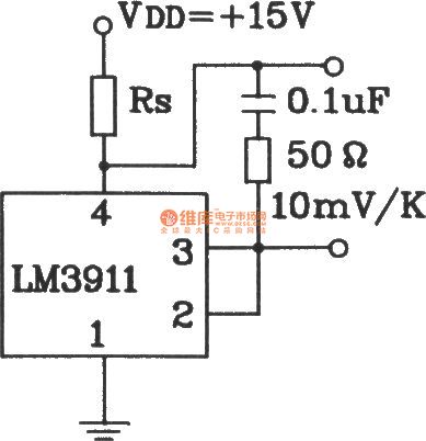 Capacitive load temperature measurement circuit composed of LM3911 monolithic temperature control integrated circuit