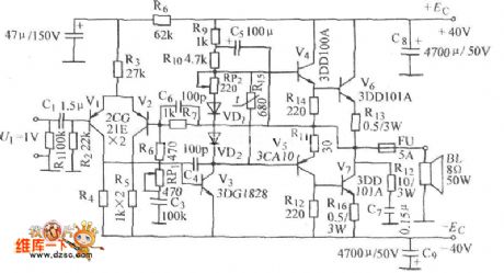 The power amplifier circuit diagram based on OCL