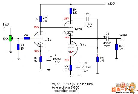 Amp circuit diagram with electron tube e88cc