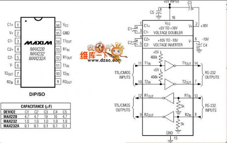 MAX232 standard serial interface circuit diagram