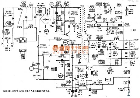 The power supply circuit diagram of LEO SRC-1498 type SVGA multiple frequency color display