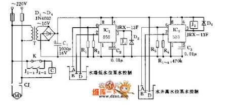 The water level control circuit diagram composed of reduction voltage rectification circuit and 555