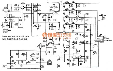 The power supply circuit diagram of GREAT WALL GW-500/500E type TTL and SVGA multiple frequency color display