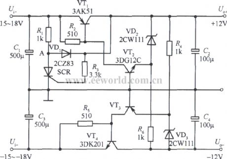 Bipolar regulated power supply circuit with ±12V output