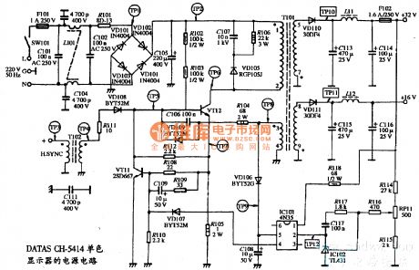 The power supply circuit diagram of DATAS CH-5414 type monochrome display