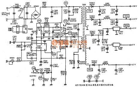 The power supply circuit diagram of AST-TE1438 type EGA color display