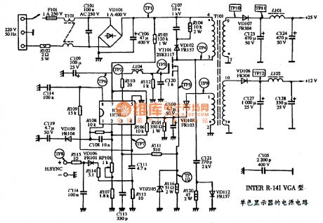 The power supply circuit diagram of INTER R-14I VGA type single color display