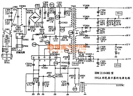 The power supply circuit diagram of IBM 2110-002 type SVGA color display