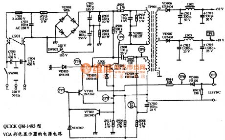 The power supply circuit diagram of QUICK QM-1493 type VGA color display