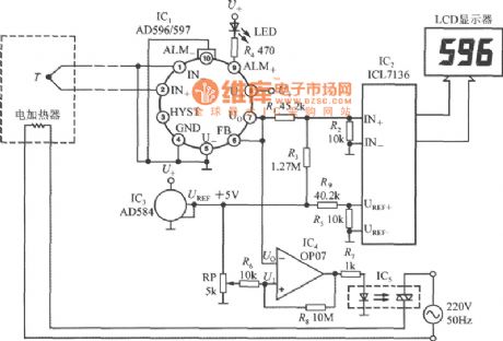 Temperature measurement instrument circuit with thermocouple cold end temperature compensator AD596/597