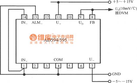 Centigrade thermometer circuit with thermocouple cold end temperature compensator AD594/595