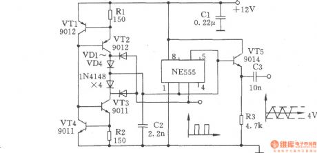 Triangle wave and square wave generator composed of NE555