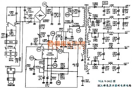 The power supply circuit diagram of VGA V-1412 type EGA color display