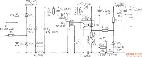 +6.7V, 0.56A Cell phone battery constant-current charger circuit composed of TNY254P