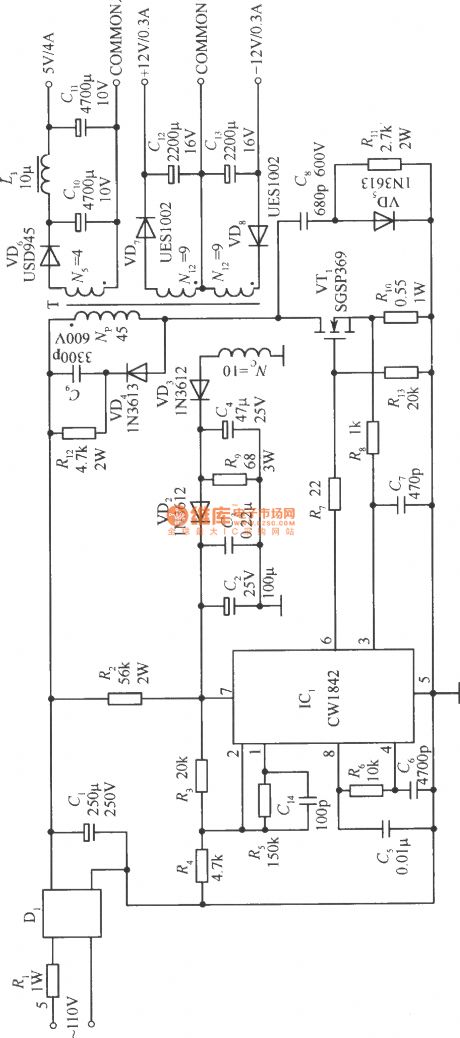 The single-ended reflection converter circuit composed of CW1842 and external connected MOS power transistor