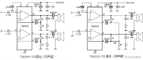 TDA2009 mono and stereo audio power amplifier circuit diagram