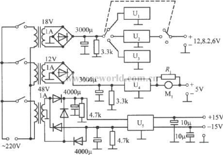 Multichannel regulated power supply composed of LM340 series