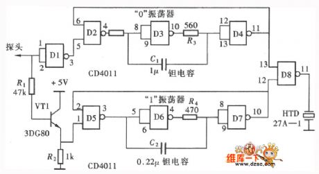 Voice type logic pen circuit (CD4011) composed of the gate circuit