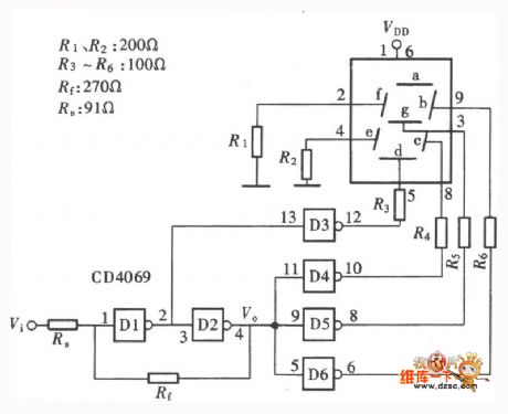 Character display type logic pen circuit (CD4069) composed of the gate circuit (3)