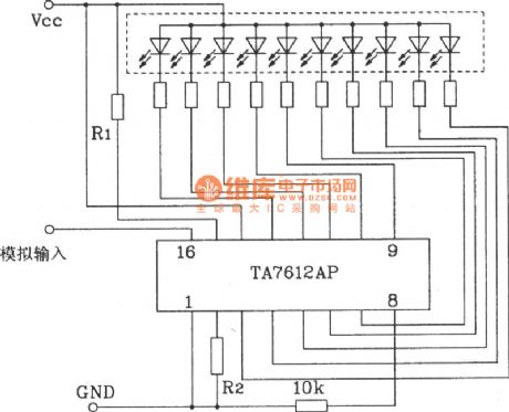 10-point common anode logarithmic display driver circuit diagram composed of TA7612AP
