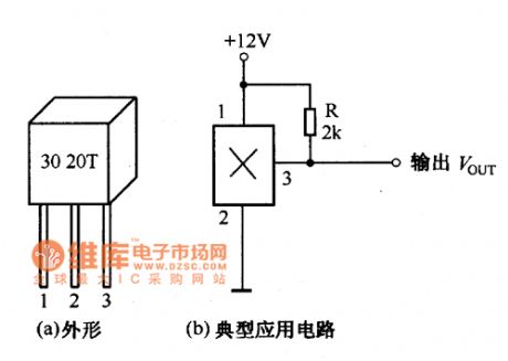 The outline and typical application circuit of the Hall switch integrated sensor