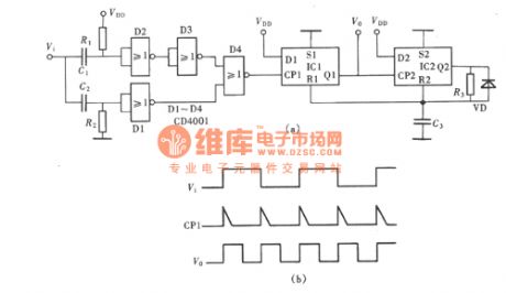 The pulse double frequency circuit composed of CD4013