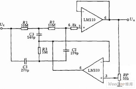 Trapped wave filter circuit uses the operational amplifier as the voltage follower