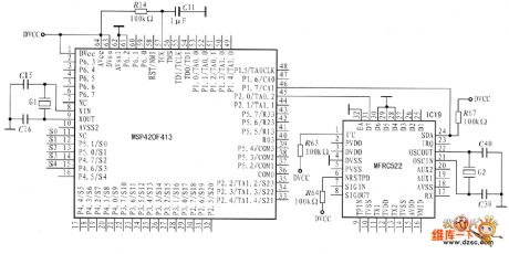 The interface circuit diagram between MSP430F413 and MFRC522