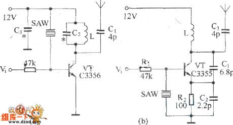 The basic wireless emitter circuit composed of SAW oscillators