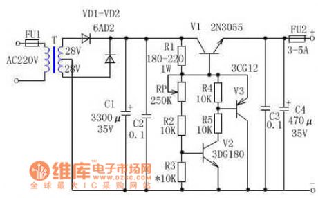Adjustable regulated power supply circuit with heavy current