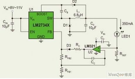 The LED constant-current driver circuit based on LM2734