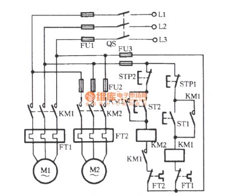 Two electric motors one after one start-up circuit