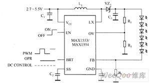 MAX1553／MAX1554 white LED driver circuit diagram