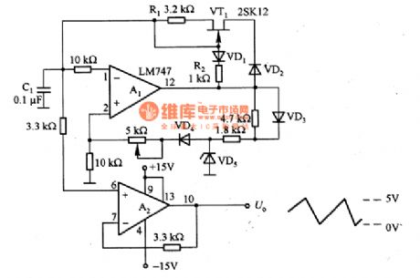 Sawtooth wave generating circuit composed of the LM747