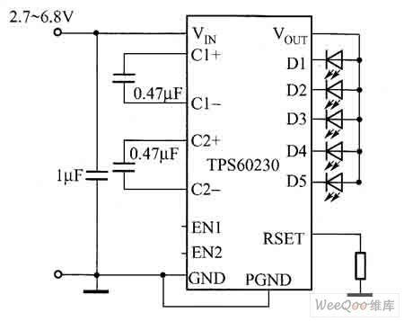 The application circuit of driving 5 white light LEDs