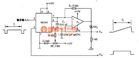 Sawtooth wave generator circuit composed of the NE555