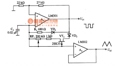 Sawtooth wave generating circuit composed of the LM301