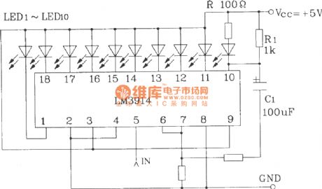 LED dispaly circuit with flashing alarm using LM3914 series of point / line graph LED display driver integrated circuit