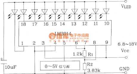 0 ~ 5V line graph indicator circuit with LM3914 series of point / line graph LED display driver integrated circuit